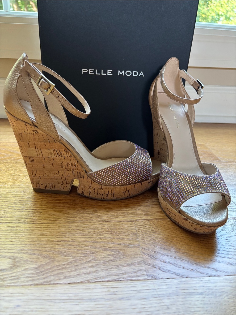 Pelle Moda Gold Rhinestone Cork Platform Wedges